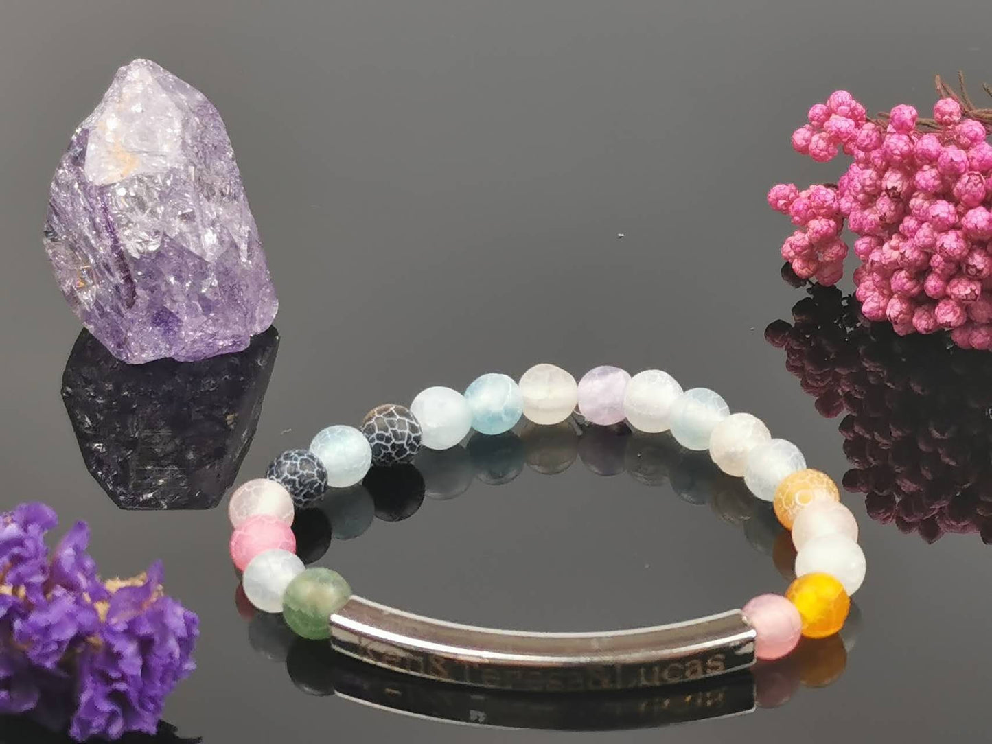 Engraveable Natural Colorful Weathered Agate Bracelet, Customized Agate Bracelet, Handmade Gemstone, with angel, Personalized Beads Gift