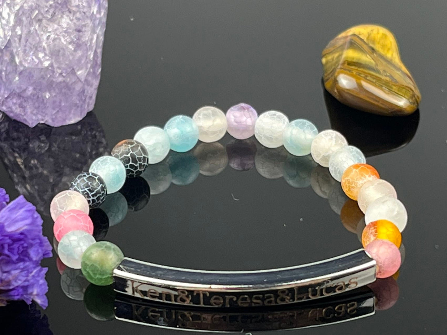 Engraveable Natural Colorful Weathered Agate Bracelet, Customized Agate Bracelet, Handmade Gemstone, with angel, Personalized Beads Gift