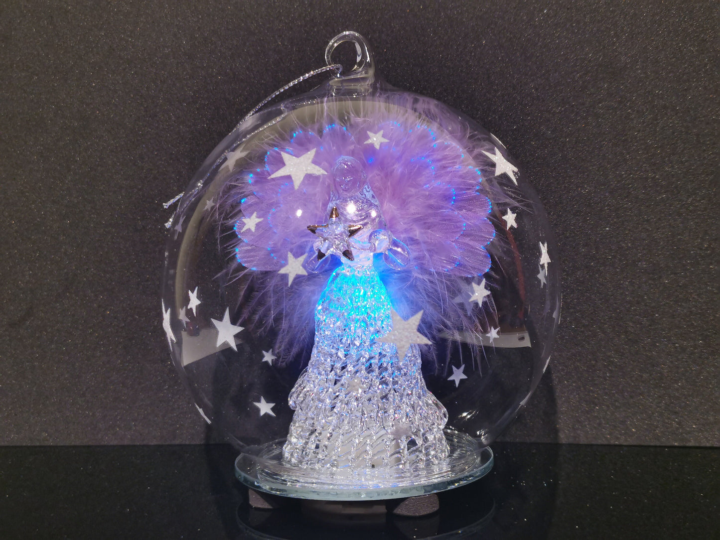 Angel Ornament, LED Glass Globe Christmas Ornament, Color Changing Lights, Clear Glass with Hand Painted snowflakes