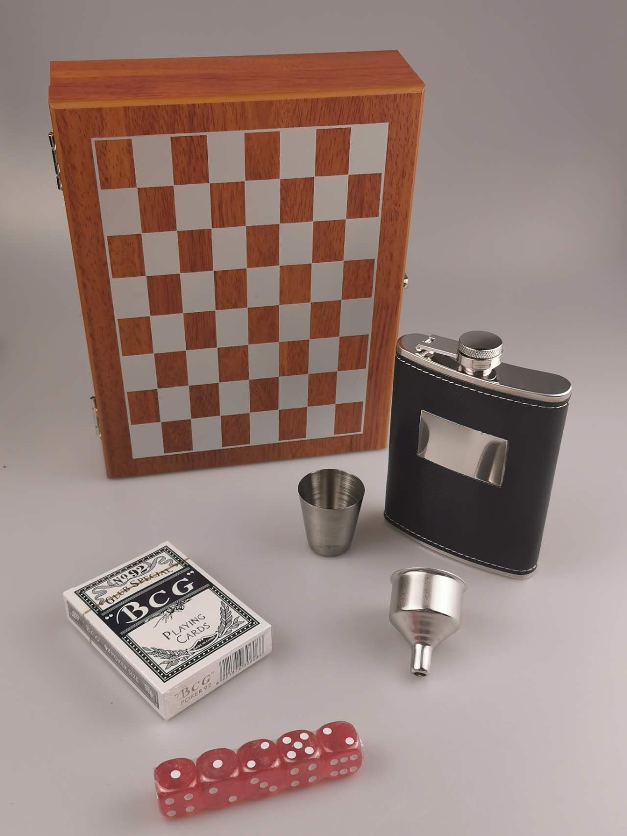 Personalized Chess Board Set, Engraved Flask set, Customized Chess Board and Playing set, flask, funnel, shot glass, dice and playing card