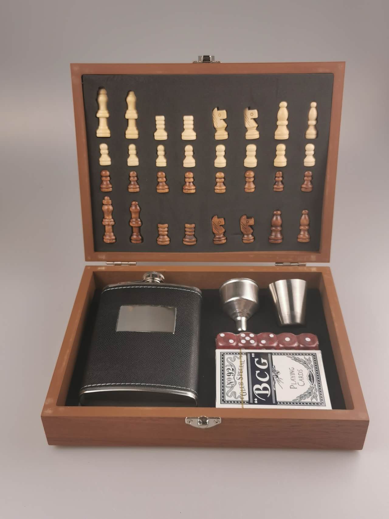 Personalized Chess Board Set, Engraved Flask set, Customized Chess Board and Playing set, flask, funnel, shot glass, dice and playing card