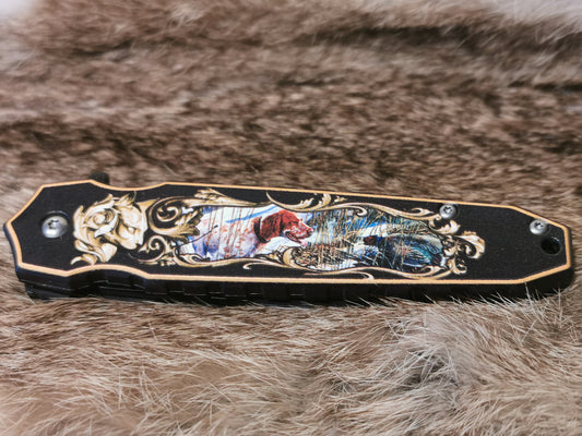 Engraved Pocket Knife, Black Folding Knife with Green Skull, Tactical Knife, Customized knife, Personalized gift, Gift for him, Gift for Dad