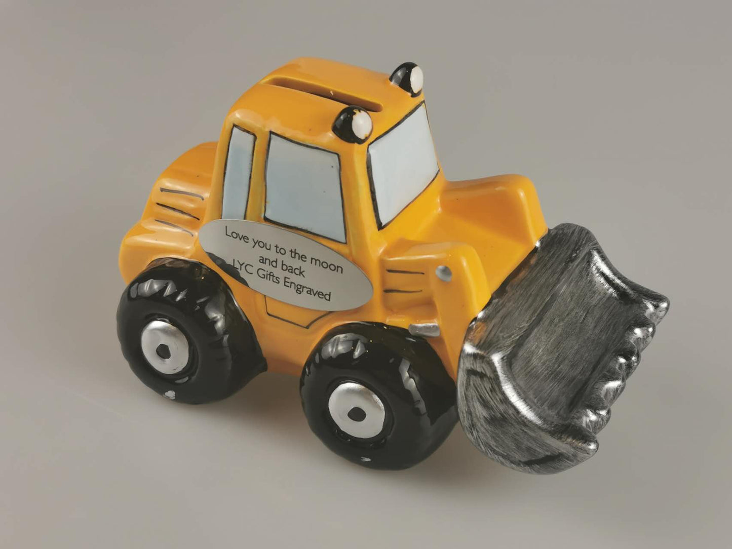 Custom Bulldozer Piggy Bank, Engraved Ceramic Money Bank, Personalized Kid Bank, Christmas Birthday GIft, Gift for Boy, Girl, Baby, Friend