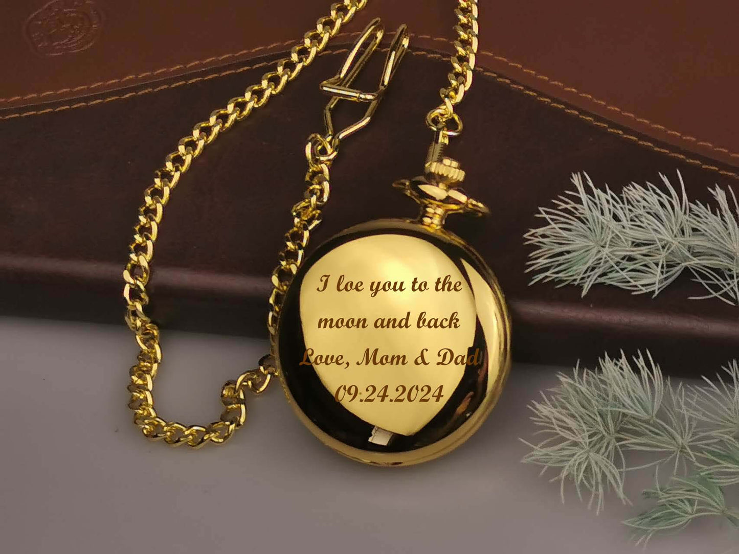 Gold Engraved Pocket Watch, Groomsman Gift, Graduate gift, Retirement Gift