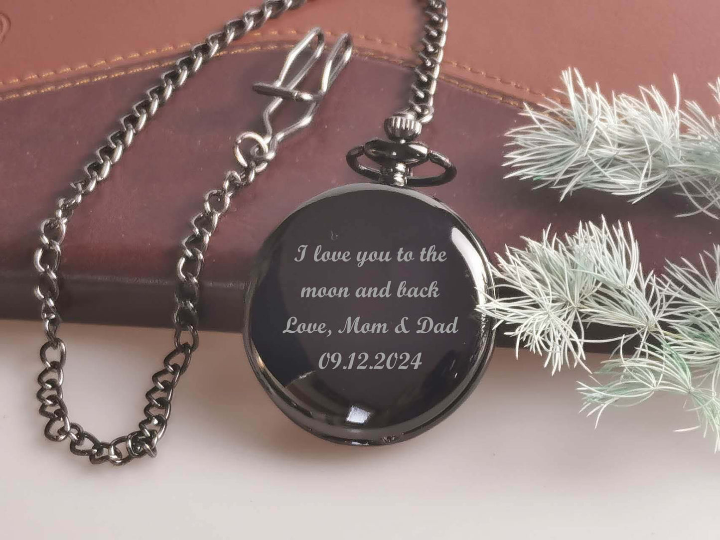 Black Engraved Pocket Watch, Groomsman Gift, Graduate gift, Retirement Gift