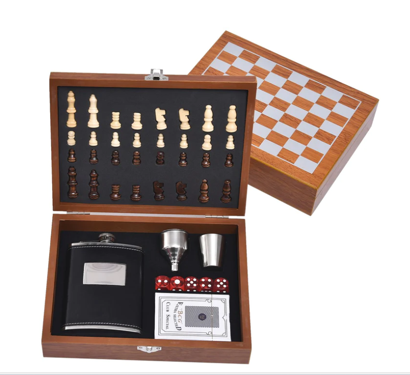 Personalized Chess Board Set, Engraved Flask set, Customized Chess Board and Playing set, flask, funnel, shot glass, dice and playing card