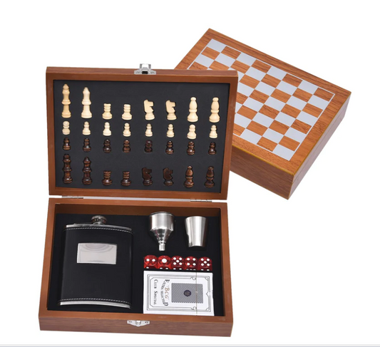 Personalized Chess Board Set, Engraved Flask set, Customized Chess Board and Playing set, flask, funnel, shot glass, dice and playing card