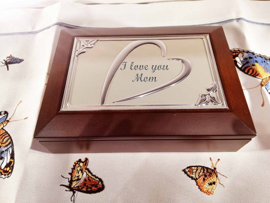 Customized engraved jewelry box, Silver jewelry box, dark brown jewelry box, heart jewelry box, mirror jewelry box, Gift for Mother, Girl