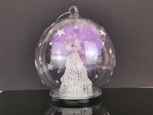 Angel Ornament, LED Glass Globe Christmas Ornament, Color Changing Lights, Clear Glass with Hand Painted snowflakes