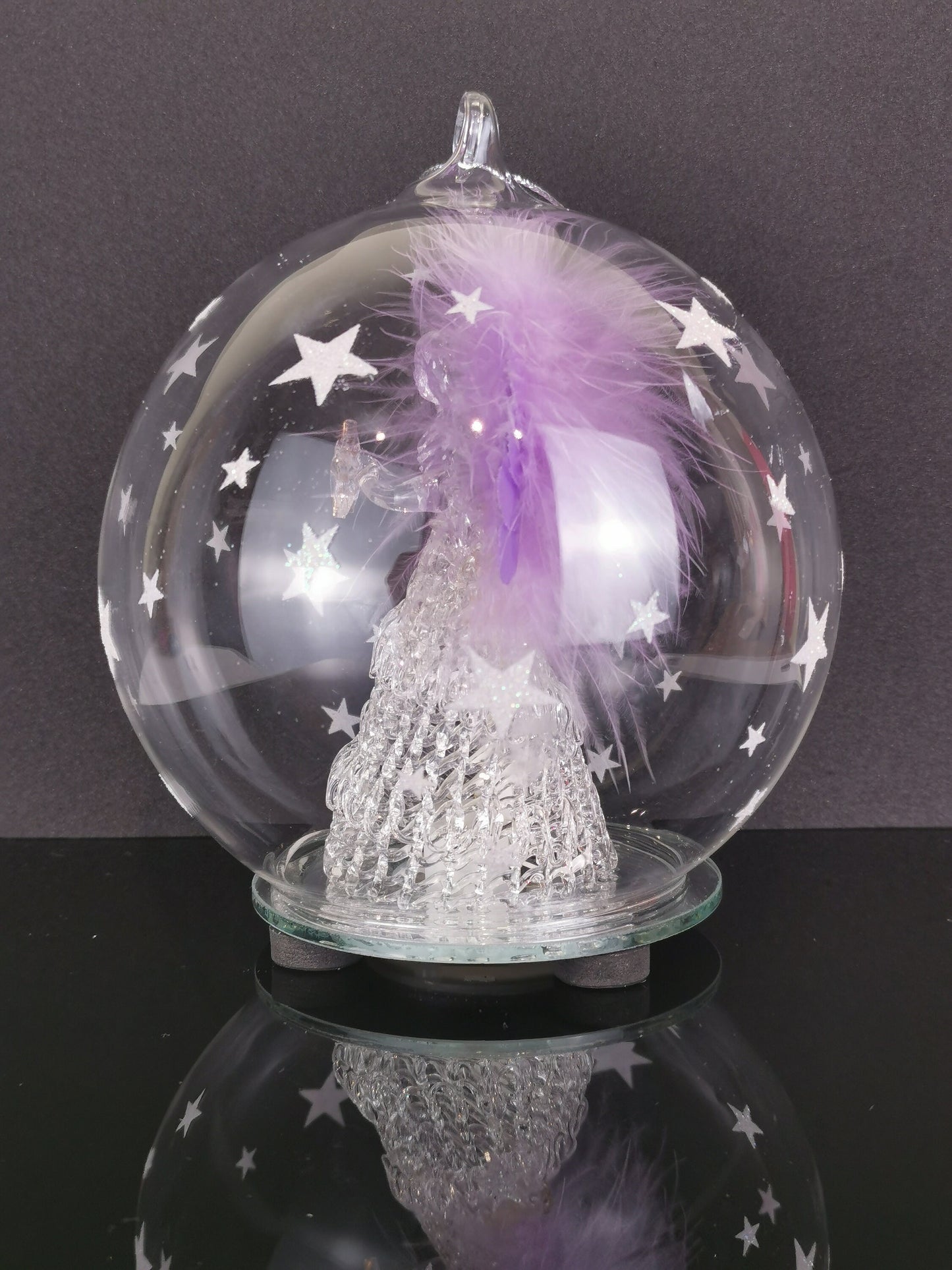 Angel Ornament, LED Glass Globe Christmas Ornament, Color Changing Lights, Clear Glass with Hand Painted snowflakes