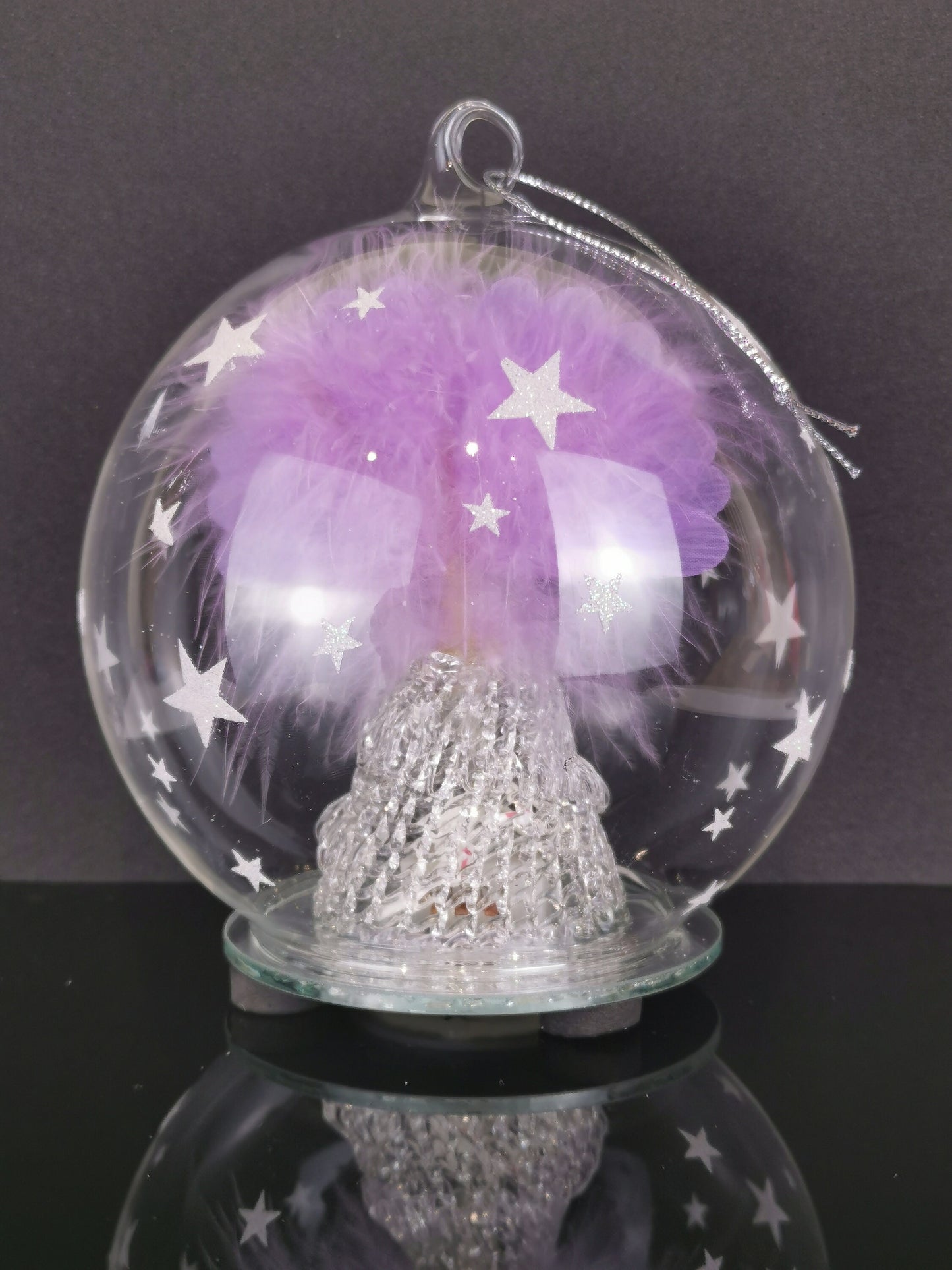 Angel Ornament, LED Glass Globe Christmas Ornament, Color Changing Lights, Clear Glass with Hand Painted snowflakes