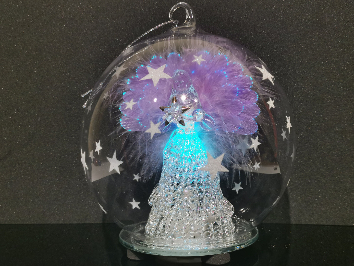 Angel Ornament, LED Glass Globe Christmas Ornament, Color Changing Lights, Clear Glass with Hand Painted snowflakes